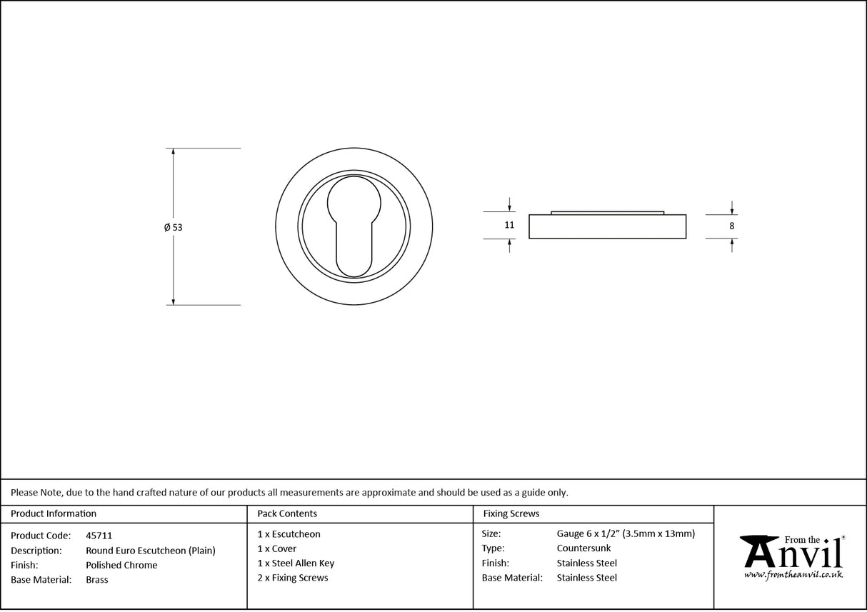 From The Anvil - Polished Chrome Round Euro Escutcheon (Plain) | Sku. 45711 | Trade Door Handles.