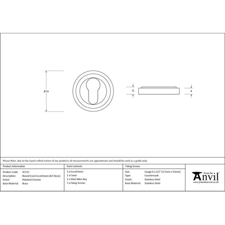 From The Anvil - Polished Chrome Round Euro Escutcheon (Art Deco) | Sku. 45712 | Trade Door Handles.