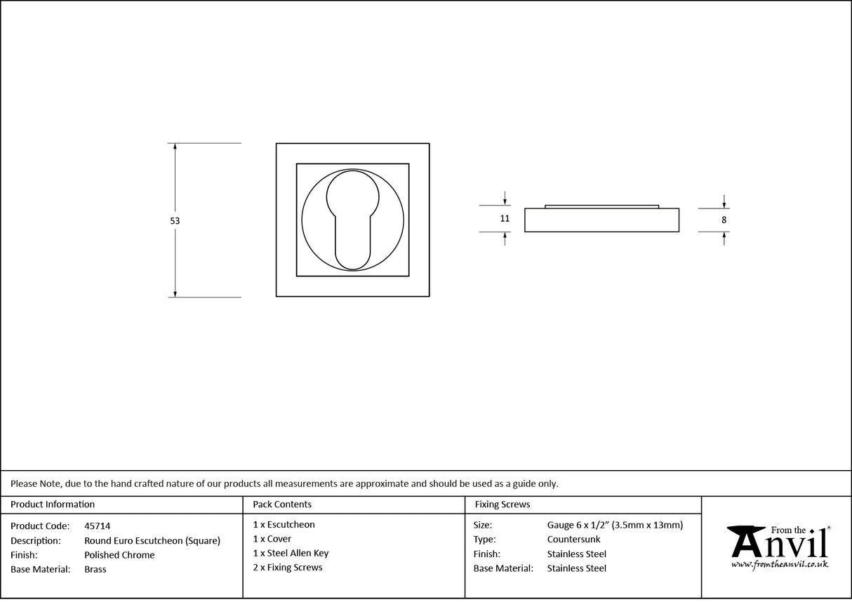 From The Anvil - Polished Chrome Round Euro Escutcheon (Square) | Sku. 45714 | Trade Door Handles.