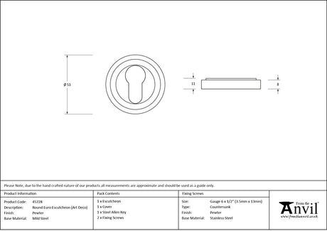 From The Anvil - Pewter Round Euro Escutcheon (Art Deco) | Sku. 45728 | Trade Door Handles.