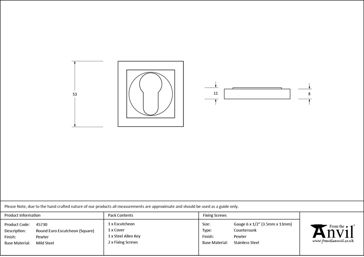 From The Anvil - Pewter Round Euro Escutcheon (Square) | Sku. 45730 | Trade Door Handles.