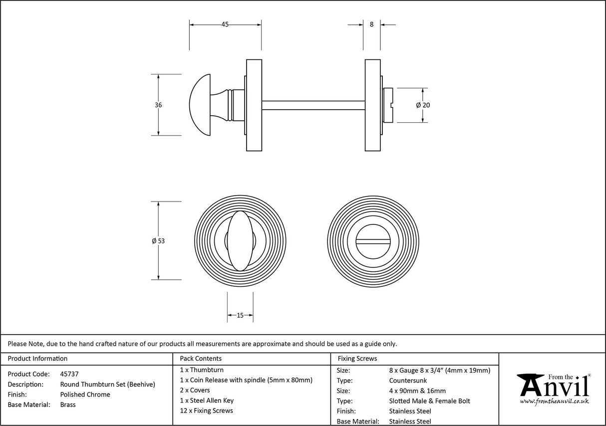 From The Anvil - Polished Chrome Round Thumbturn Set (Beehive) | Sku. 45737 | Trade Door Handles.