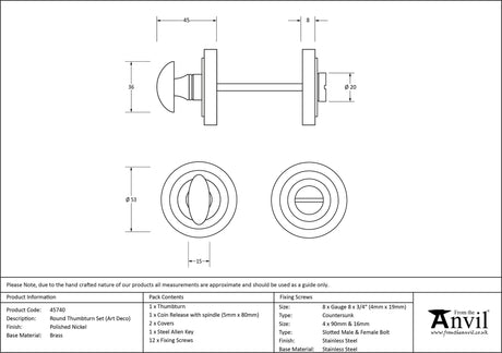From The Anvil - Polished Nickel Round Thumbturn Set (Art Deco) | Sku. 45740 | Trade Door Handles.