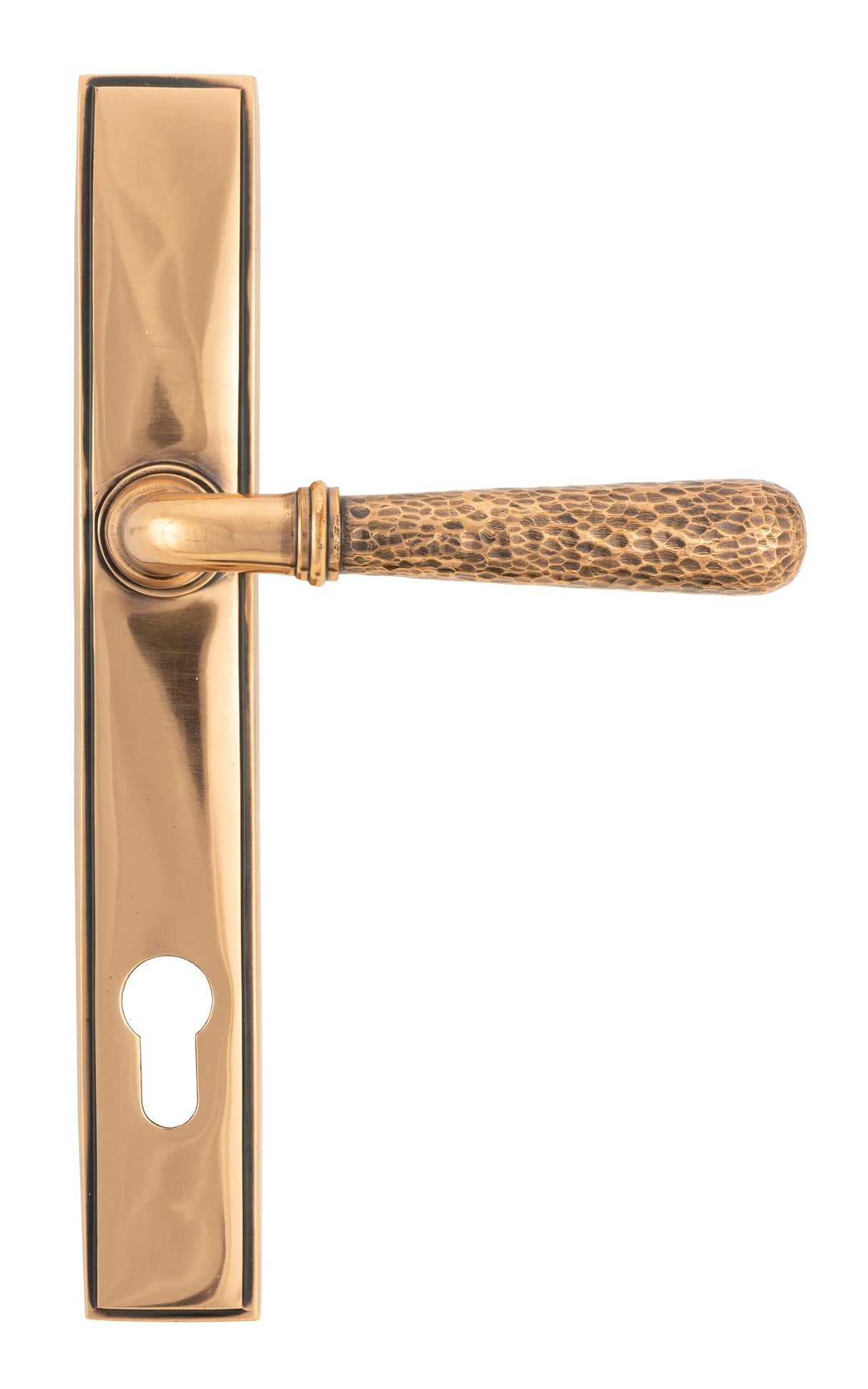 From The Anvil - Polished Bronze Hammered Newbury Slimline Espag. Lock Set | Sku. 45774 | Trade Door Handles.