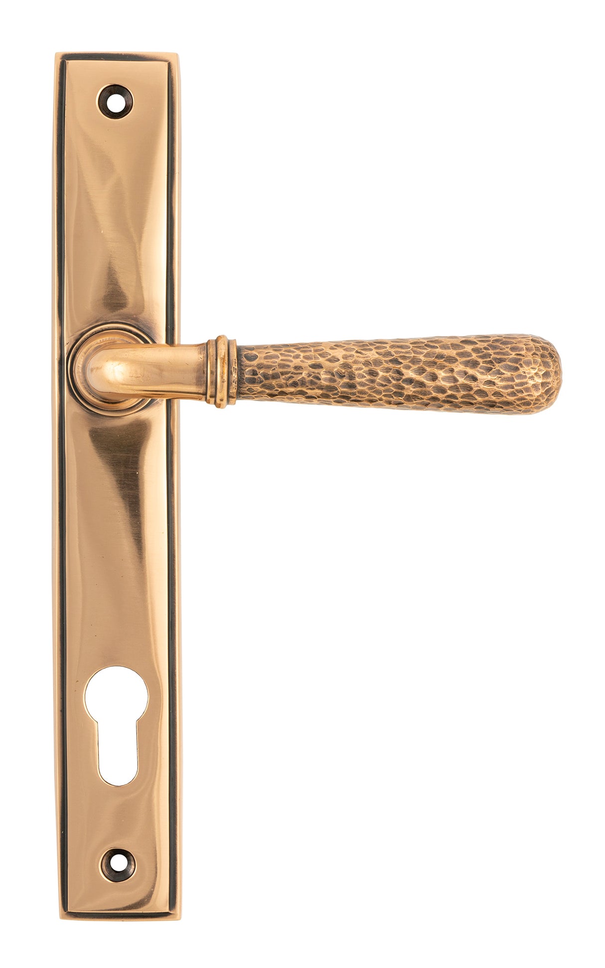 From The Anvil - Polished Bronze Hammered Newbury Slimline Espag. Lock Set | Sku. 45774 | Trade Door Handles.
