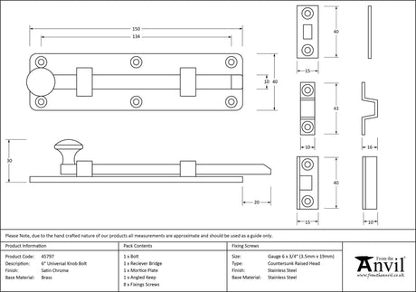From The Anvil - Satin Chrome 6" Universal Bolt | Sku. 45797 | Trade Door Handles.