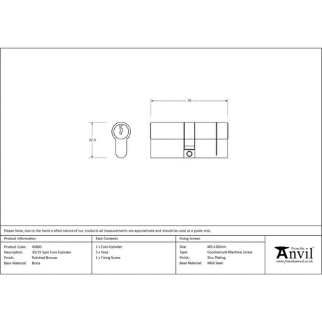 From The Anvil - Polished Bronze 35/35 5pin Euro Cylinder | Sku. 45805 | Trade Door Handles.