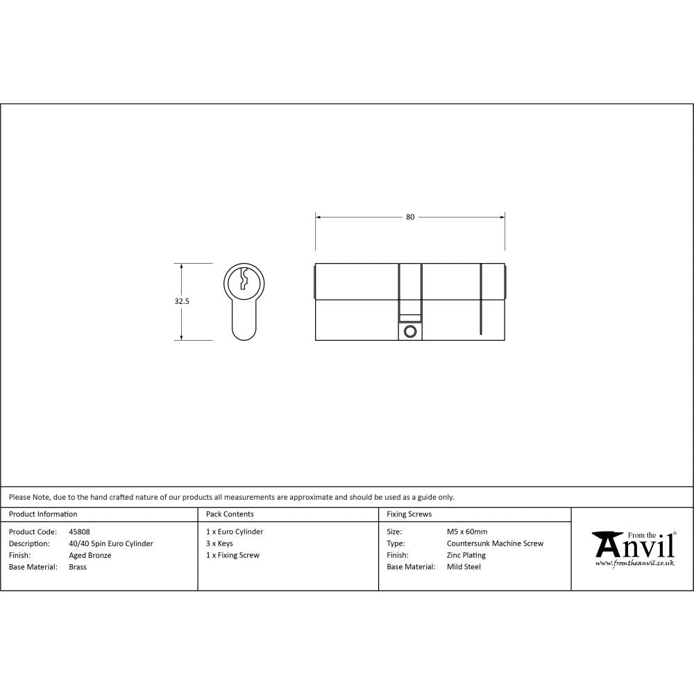 From The Anvil - Aged Bronze 40/40 5pin Euro Cylinder | Sku. 45808 | Trade Door Handles.