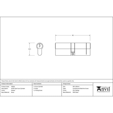 From The Anvil - Pewter 45/45 5pin Euro Cylinder | Sku. 45818 | Trade Door Handles.