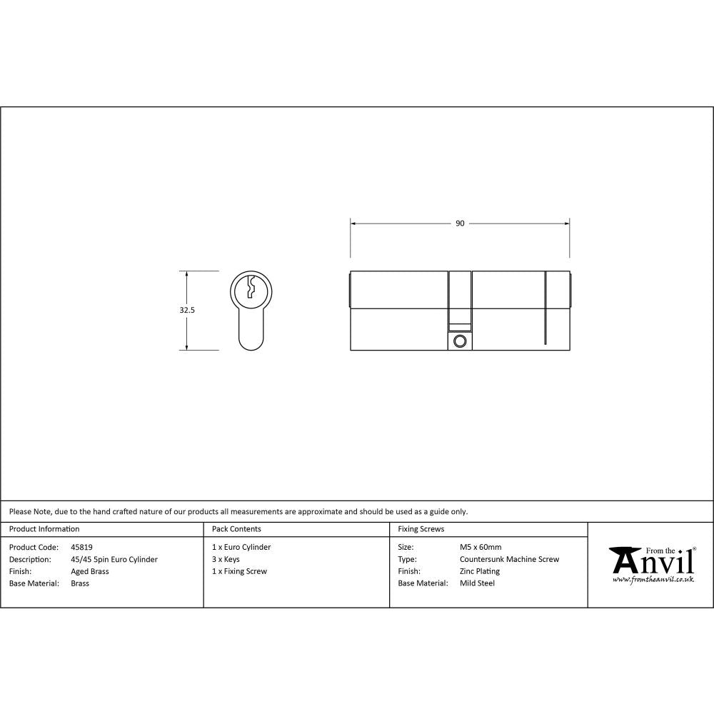From The Anvil - Aged Brass 45/45 5pin Euro Cylinder | Sku. 45819 | Trade Door Handles.