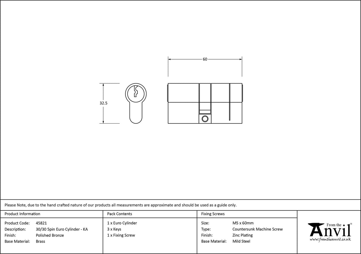 From The Anvil - Polished Bronze 30/30 5pin Euro Cylinder KA | Sku. 45821 | Trade Door Handles.