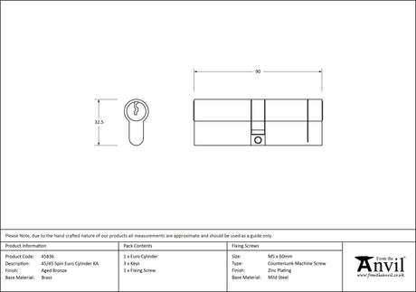 From The Anvil - Aged Bronze 45/45 5pin Euro Cylinder KA | Sku. 45836 | Trade Door Handles.