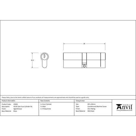 From The Anvil - Aged Bronze 45/45 5pin Euro Cylinder KA | Sku. 45836 | Trade Door Handles.