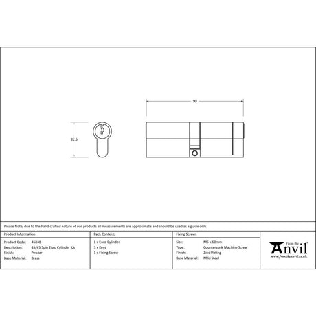 From The Anvil - Pewter 45/45 5pin Euro Cylinder KA | Sku. 45838 | Trade Door Handles.