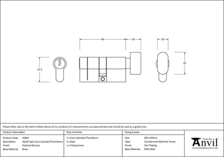 From The Anvil - Polished Bronze 30/30 5pin Euro Cylinder/Thumbturn | Sku. 45841 | Trade Door Handles.