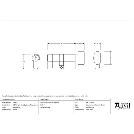 From The Anvil - Aged Brass 30/30 5pin Euro Cylinder/Thumbturn | Sku. 45843 | Trade Door Handles.