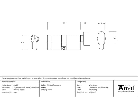 From The Anvil - Polished Bronze 35/35 5pin Euro Cylinder/Thumbturn | Sku. 45845 | Trade Door Handles.
