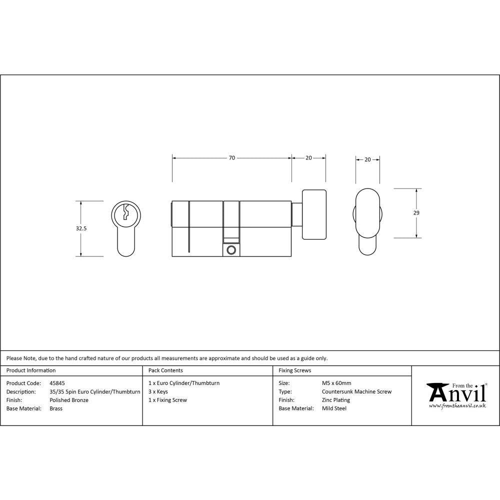 From The Anvil - Polished Bronze 35/35 5pin Euro Cylinder/Thumbturn | Sku. 45845 | Trade Door Handles.