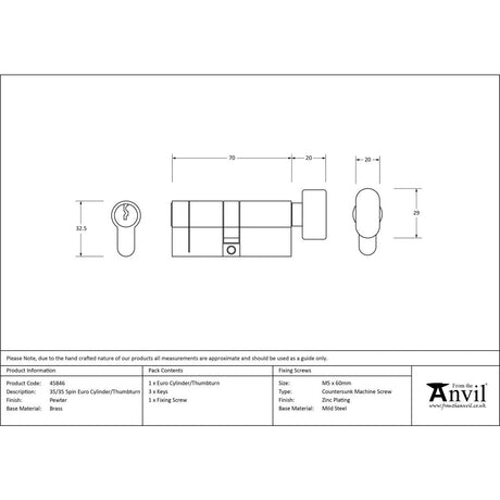 From The Anvil - Pewter 35/35 5pin Euro Cylinder/Thumbturn | Sku. 45846 | Trade Door Handles.