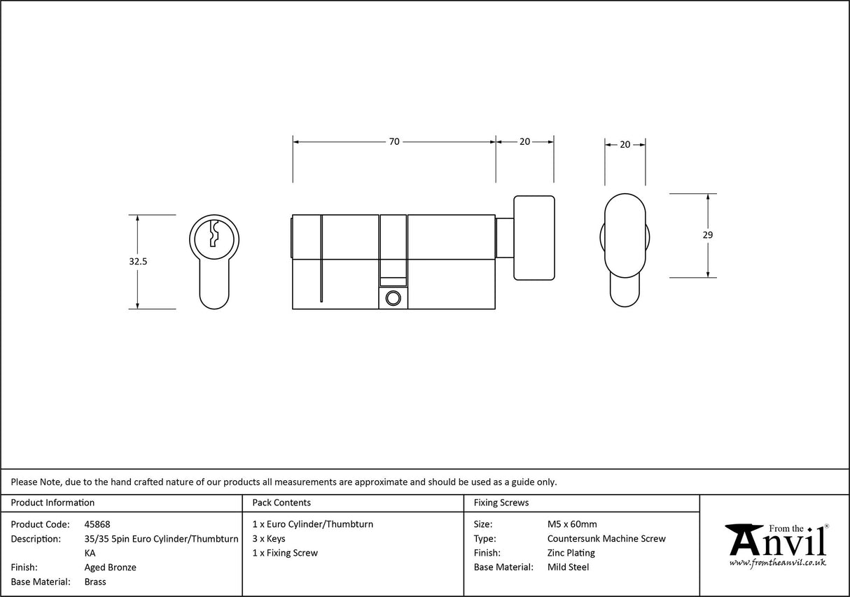 From The Anvil - Aged Bronze 35/35 5pin Euro Cylinder/Thumbturn KA | Sku. 45868 | Trade Door Handles.