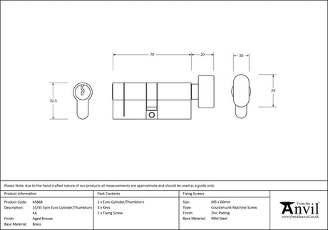 From The Anvil - Aged Bronze 35/35 5pin Euro Cylinder/Thumbturn KA | Sku. 45868 | Trade Door Handles.