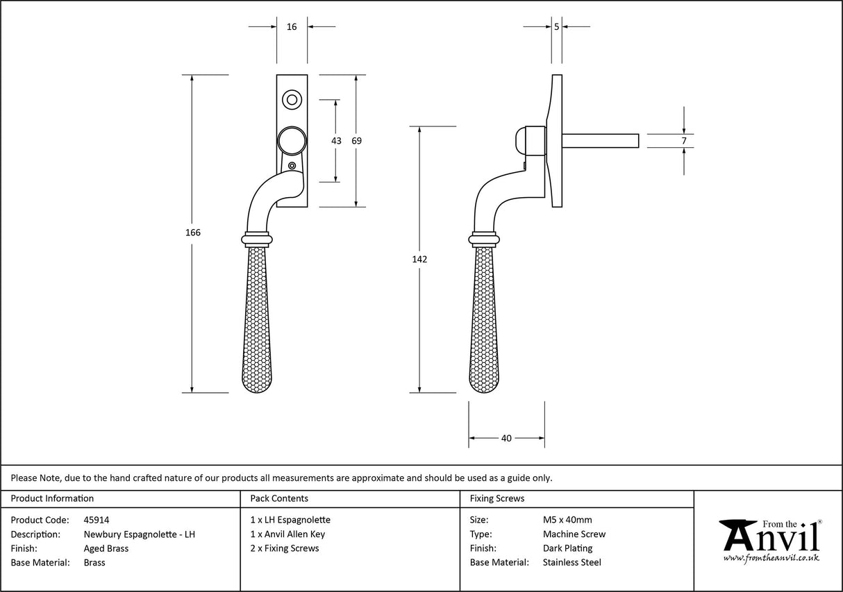 From The Anvil - Aged Brass Hammered Newbury Espag - LH | Sku. 45914 | Trade Door Handles.