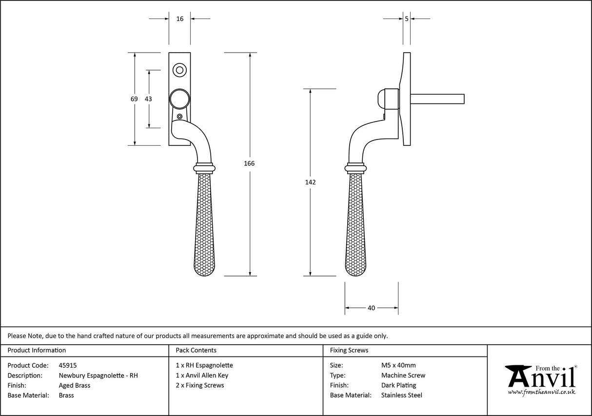 From The Anvil - Aged Brass Hammered Newbury Espag - RH | Sku. 45915 | Trade Door Handles.