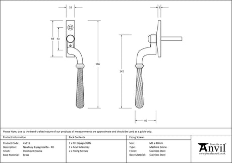 From The Anvil - Polished Chrome Hammered Newbury Espag - RH | Sku. 45919 | Trade Door Handles.