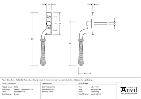 From The Anvil - Polished Bronze Hammered Newbury Espag - LH | Sku. 45922 | Trade Door Handles.