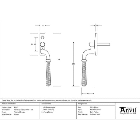From The Anvil - Polished Bronze Hammered Newbury Espag - RH | Sku. 45923 | Trade Door Handles.
