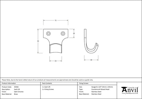 From The Anvil - Satin Chrome Sash Lift | Sku. 45930 | Trade Door Handles.