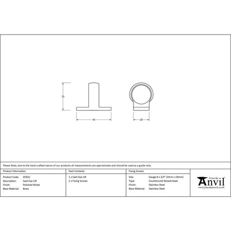 From The Anvil - Polished Nickel Sash Eye Lift | Sku. 45932 | Trade Door Handles.