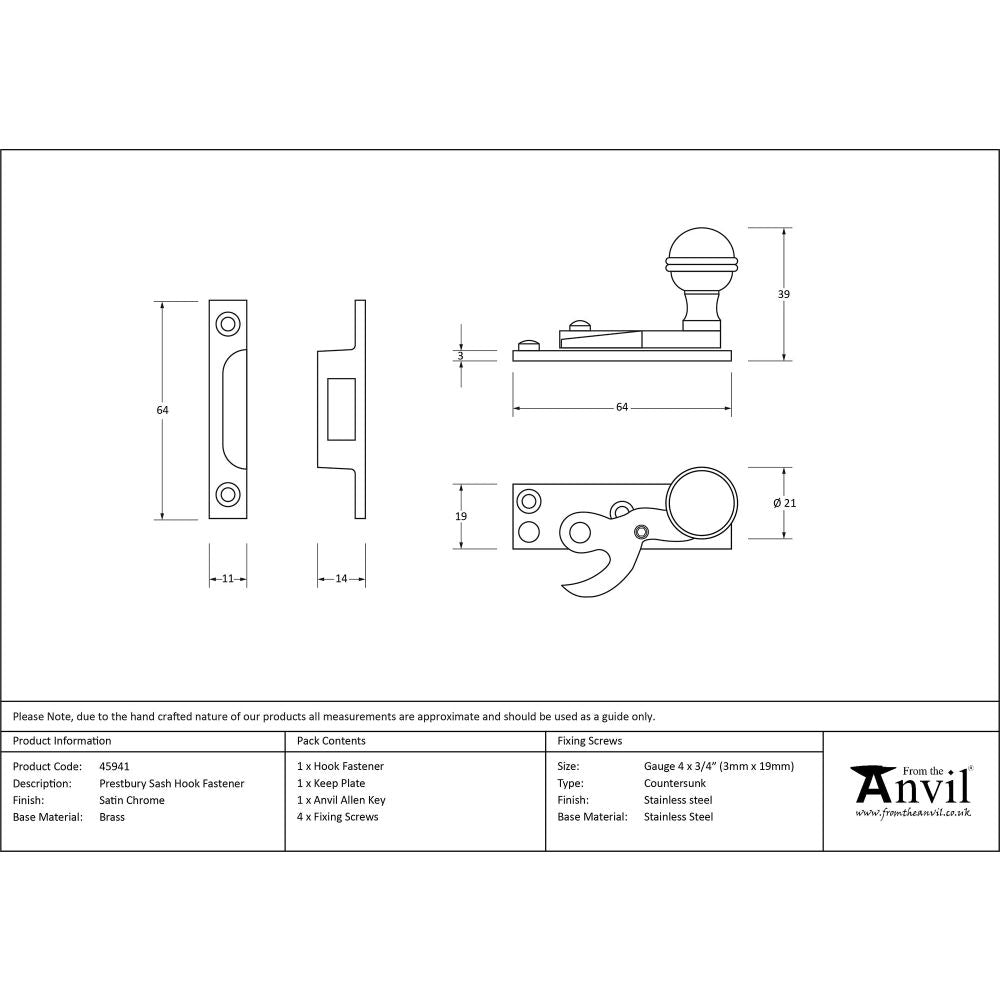From The Anvil - Satin Chrome Prestbury Sash Hook Fastener | Sku. 45941 | Trade Door Handles.