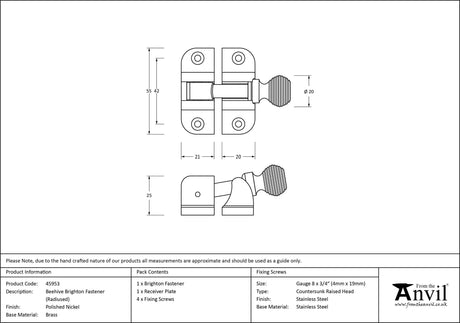 From The Anvil - Polished Nickel Beehive Brighton Fastener (Radiused) | Sku. 45953 | Trade Door Handles.