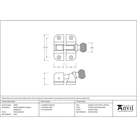 From The Anvil - Polished Nickel Beehive Brighton Fastener (Radiused) | Sku. 45953 | Trade Door Handles.
