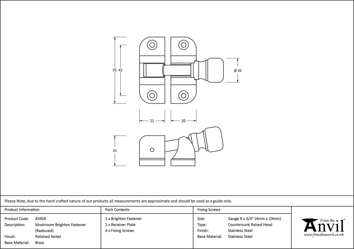 From The Anvil - Polished Nickel Mushroom Brighton Fastener (Radiused) | Sku. 45958 | Trade Door Handles.