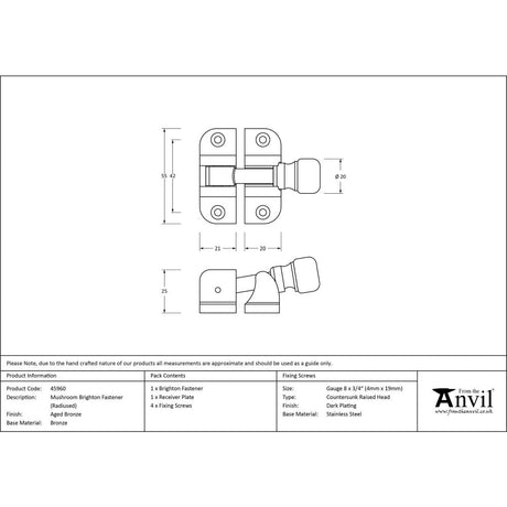 From The Anvil - Aged Bronze Mushroom Brighton Fastener (Radiused) | Sku. 45960 | Trade Door Handles.
