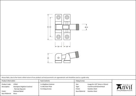 From The Anvil - Polished Nickel Brompton Brighton Fastener - Narrow (Square) | Sku. 45963 | Trade Door Handles.