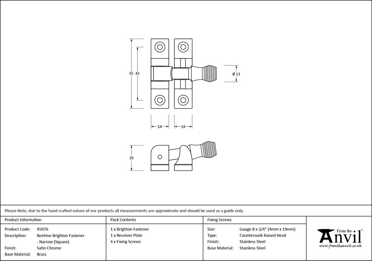 From The Anvil - Satin Chrome Beehive Brighton Fastener - Narrow (Square) | Sku. 45976 | Trade Door Handles.
