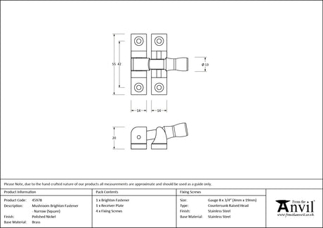 From The Anvil - Polished Nickel Mushroom Brighton Fastener - Narrow (Square) | Sku. 45978 | Trade Door Handles.