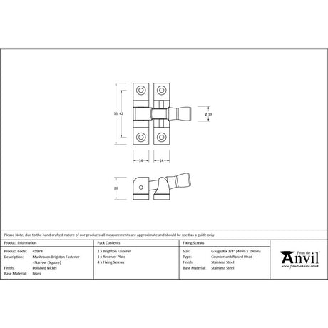 From The Anvil - Polished Nickel Mushroom Brighton Fastener - Narrow (Square) | Sku. 45978 | Trade Door Handles.