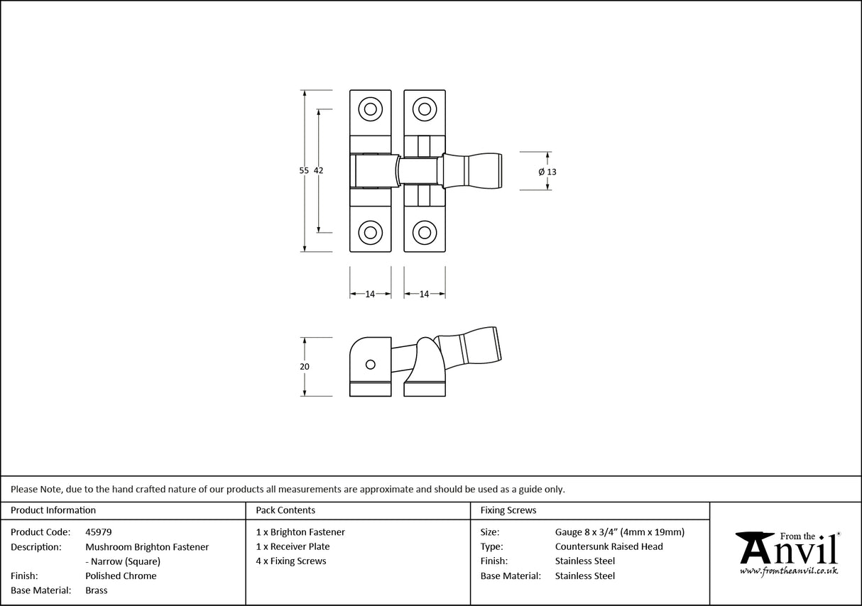 From The Anvil - Polished Chrome Mushroom Brighton Fastener - Narrow (Square) | Sku. 45979 | Trade Door Handles.