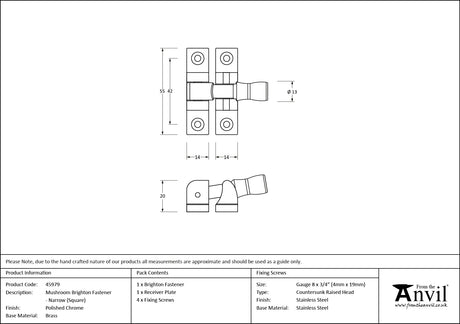 From The Anvil - Polished Chrome Mushroom Brighton Fastener - Narrow (Square) | Sku. 45979 | Trade Door Handles.