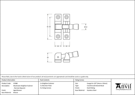 From The Anvil - Aged Bronze Mushroom Brighton Fastener - Narrow (Square) | Sku. 45980 | Trade Door Handles.