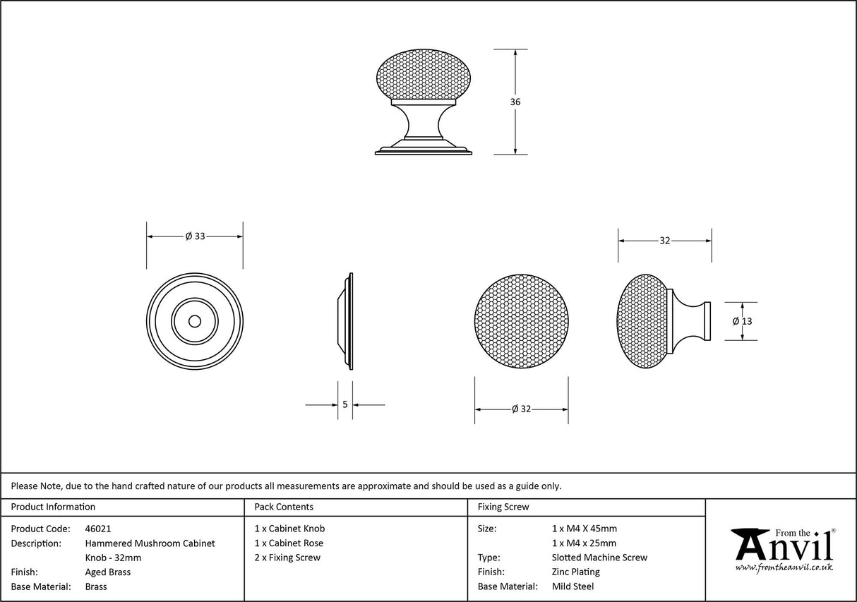 From The Anvil - Aged Brass Hammered Mushroom Cabinet Knob 32mm | Sku. 46021 | Trade Door Handles.