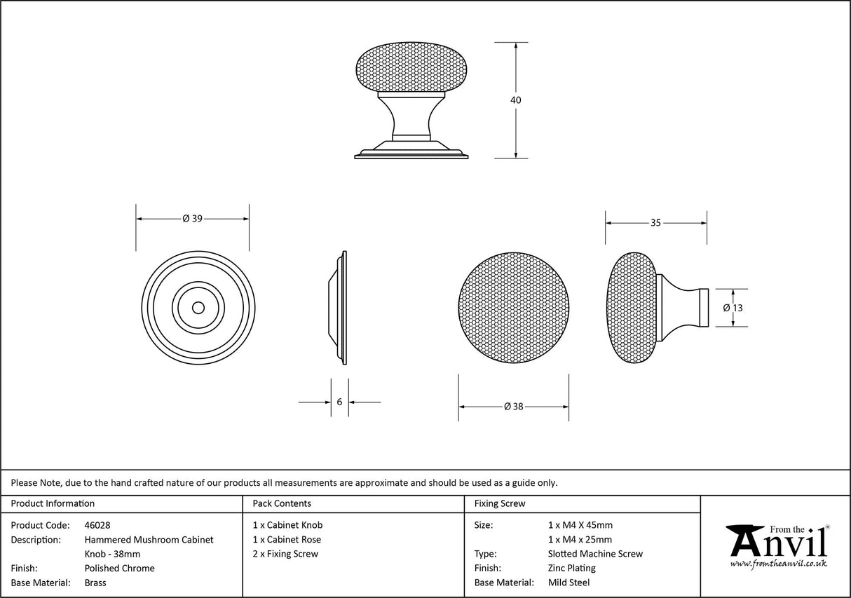 From The Anvil - Polished Chrome Hammered Mushroom Cabinet Knob 38mm | Sku. 46028 | Trade Door Handles.