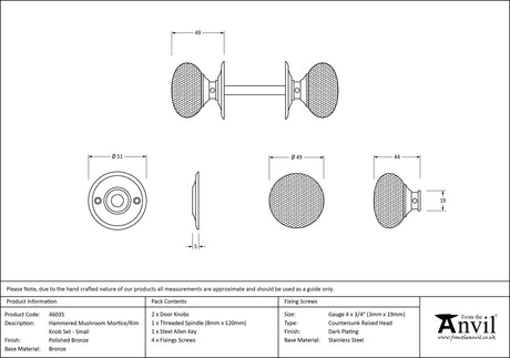From The Anvil - Polished Bronze Hammered Mushroom Mortice/Rim Knob Set | Sku. 46035 | Trade Door Handles.