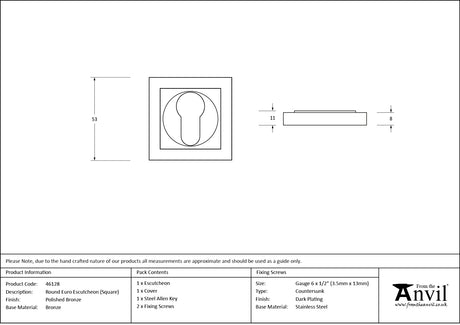 From The Anvil - Polished Bronze Round Euro Escutcheon (Square) | Sku. 46128 | Trade Door Handles.