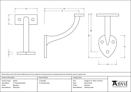 From The Anvil - Beeswax 3" Handrail Bracket | Sku. 46140 | Trade Door Handles.