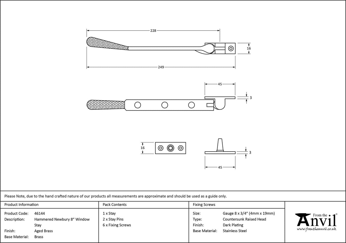 From The Anvil - Aged Brass 8" Hammered Newbury Stay | Sku. 46144 | Trade Door Handles.